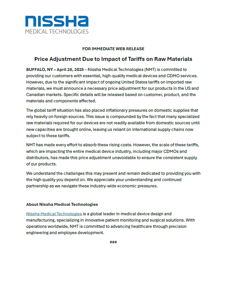<p><strong>Nissha Medical Technologies - Price Adjustment</strong></p>